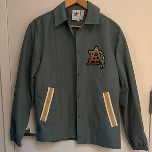 Adidas Men's Gray Bomber Jacket with Gold Stripes